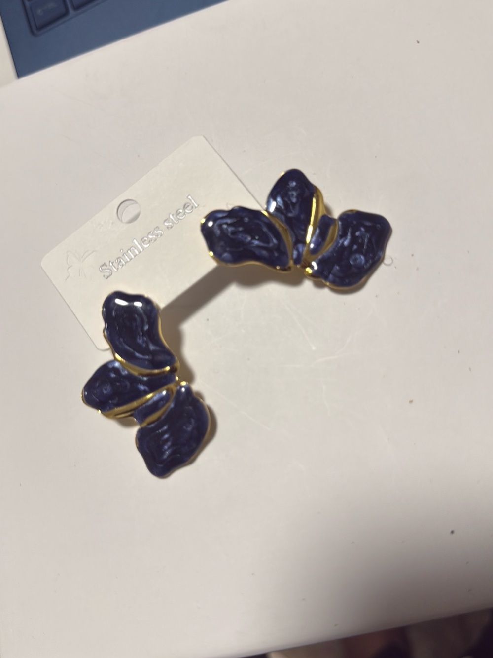 Elegant Navy Blue Enamel Flower Earrings - Stainless Steel